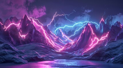 Wall Mural - Render of a 3D landscape with glowing lightning symbol and rocky mountains in an abstract neon background