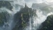 An enchanted castle perched atop a rugged cliff, surrounded by swirling mists and thundering waterfalls, 