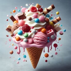 Delicious waffle cone with different favor ice creams sundae. Flying candies and sweets with colorful ice cream scoops in cone, bright background