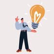 Cartoon vector illustration of Young man having a idea. Freelance job, creativity innovation and business idea concept. Bulb in his hand