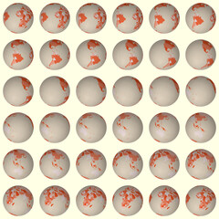 Poster - Collection of globes. Tilted sphere view. Rotation step 10 degrees. Colored countries style. World map with graticule lines on pale background. Decent vector illustration.