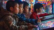 Asian children playing on the arcade machines