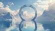 A surreal landscape with geometrical mirror arch. Panoramic seascape wallpaper with mountains.