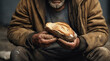 poor man homeless with dirty hands eating piece of bread in modern capitalism society