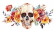 Flower-adorned human skull. Festive watercolor illustration of Halloween mask. Day of the Dead clip art isolated on white.