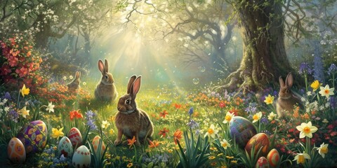 Poster - A rabbit is nestled among the flowers in a meadow surrounded by lush green grass and beautiful natural landscape in a forest AIG42E