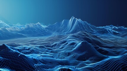 Poster - An abstract blue background is surrounded by a wireframe landscape of mountains in virtual reality.
