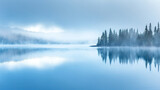 Fototapeta  - A tranquil lake at dawn, mist hovering above the water, embodying perfect calm