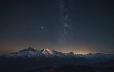 Wall Mural - Snowcovered mountain under starry sky at night in natural landscape