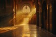 A bright light shines through an open doorway, illuminating the interior of a building, A mosque bathed in warm golden light, symbolizing spiritual enlightenment, AI Generated