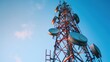 Telecommunications tower and satellite dish telecom network at sunset