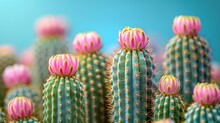   A Cluster Of Pink And Green Cacti Against A Blue Sky