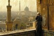 A man confidently stands on the rooftop of a towering building, overlooking the cityscape, A muezzin calling to prayer from a minaret, AI Generated