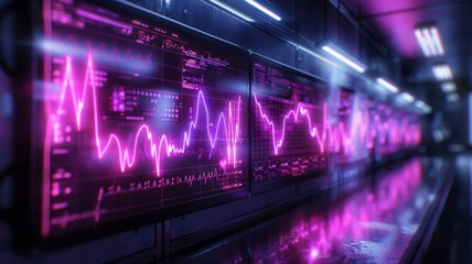Wall Mural - Luminous heartbeat monitor with glowing purple and blue graphs