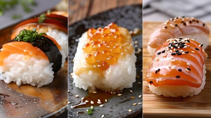 Wall Mural - Three Different Sushi Delicacies, Artfully Presented. Culinary Art in Japanese Cuisine, Perfect for Menu Illustrations. Food Photography Style, High-Quality Stock Image. AI