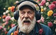Elderly man with beard sings happily in front of flowers, wearing headphones