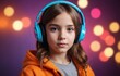 Young girl with purple headphones and fun facial expression looking at camera