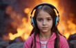 a young girl wearing headphones is standing in front of a fire