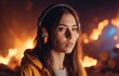 young woman in headphones against the background of fire