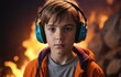 Portrait of boy in headphones listening to music on campfire background
