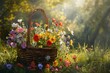 Sun-Kissed Wildflowers and Garden Blooms Gathered in a Quaint Rustic Basket