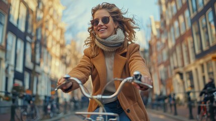 Canvas Print - Woman Riding Bike Down Street