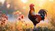 A confident rooster standing tall and crowing at dawn, capturing the spirit and character of these iconic farm animals.