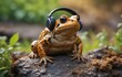An amphibian frog with headphones perched on a rock
