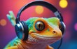 Closeup of a lizard with headphones, a fun smile on its humanlike mouth