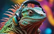 Portrait of a green iguana with headphones listening to music.
