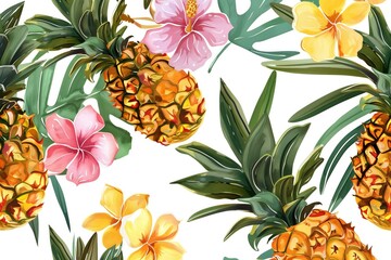 Wall Mural - cartoon illustration of pineapple and flowers on white background