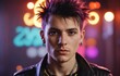 Young man with purple hair in leather jacket earrings at cool music event