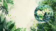 Watercolor Earth surrounded by foliage, environmental conservation concept, with copy space. Earth Day card background frame