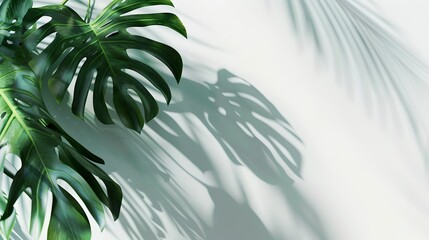 Wall Mural - green monstera leaf with soft shadow on white background. elegant nature-inspired scene with space f