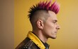 Man with a pink Mohawk wearing leather jacket in edgy style