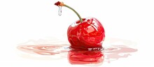 A Cherry, A Natural Food Produce From A Plant Twig, Sits In A Puddle Of Water With A Drop Of Liquid Coming Out, Creating An Artistic Touch