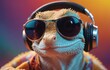 Lizard wearing sunglasses and headphones for vision care and audio equipment
