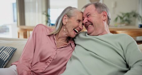 Poster - Laughing, happy and senior couple on sofa in living room at home with comic, funny or comedy joke. Smile, love and elderly man and woman in retirement relax, bonding and embracing in lounge at house.