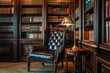Classic Library Nook with Leather Armchair. An intimate library corner featuring a tufted leather armchair, a wooden table with a brass lamp, and bookshelves filled with hardbound books