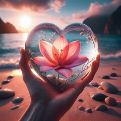 Wall Mural - a hand holds a glass heart with a blooming flower inside at sunset.