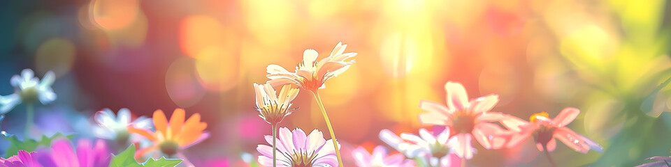 Wall Mural - banner flowers in the meadow with bokeh in background at sundown