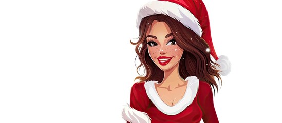 Wall Mural - A woman with long hair is wearing a santa hat and dress, standing on a white background. She is smiling and making a gesture with her eyebrow, happy and ready for entertainment