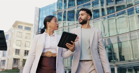 Poster - Business people, walking and talking with tablet in city for research, browsing or outdoor networking. Businessman and woman in project discussion, idea or online tasks on technology in an urban town