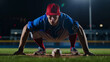 A baseball player, wearing the familiar blue and red uniform, commemorating ten years of hard work with a powerful pose on the field
