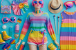 A woman is wearing a colorful outfit and surrounded by various items such as a handbag, sunglasses, and makeup. The image conveys a fun and vibrant mood