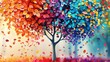 © Tawassul - Colorful tree with leaves on hanging branches illustration background. 3d abstraction wallpaper . Floral tree with multicolor leaves