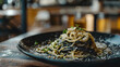 Savory Italian Spaghetti Delight: A Hearty Dish of Delectable Pasta Nestled on a Dark Plate, Ready to Satisfy Your Appetite