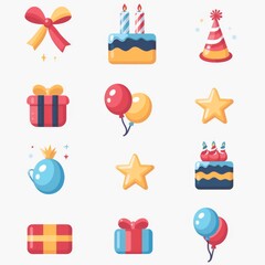 Wall Mural - Vibrant Party Icons: Balloon, Gift, Cake, Party Hat.