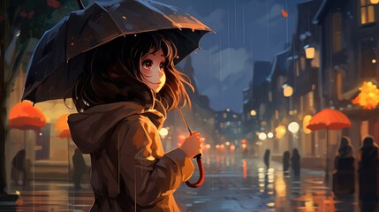 Canvas Print - Drawing depicting a girl in a rainy night cityscape, umbrella in hand, reflecting the contemplative mood of the artwork.