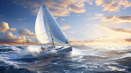 A sailboat gliding across the sea, with snow-white sails unfurled against a serene blue sky, represents the joy of boating.